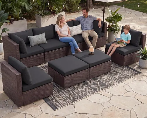 Vista 112 de NICESOUL Juego de muebles de patio de ratán extra grande con mesa para fogata de gas y propano, 29.3 pulgadas, respaldo alto, cómodos conversaciones