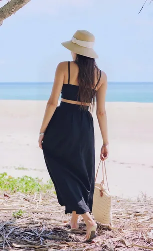 Vista 6 de Conjunto sexi de 2 piezas, para mujer, camiseta corta de gasa con tirantes y cuello en V pronunciado, falda larga con abertura frontal, conjunto