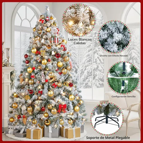 Vista 5 de Yaheetech Árbol de Navidad Artificial Nevado Preiluminado de 7.5 pies con 550 Luces Blancas Cálidas, 1284 Puntas de Ramas Frondosas y Diseño