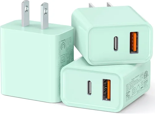 Vista 13 de Paquete de 3 cargadores de pared USB C, adaptador de corriente QC+PD 3.0 de doble puerto de 20 W, bloque de carga de doble enchufe rápido para Azul