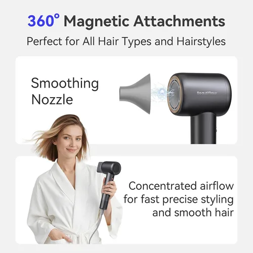 Vista 4 de Secador de Pelo BeautiFlow 110,000 RPM Motor Sin Escobillas de Alta Velocidad Iónico, con Difusor y Boquilla Suavizante, Bajo Nivel de Ruido, Ligero