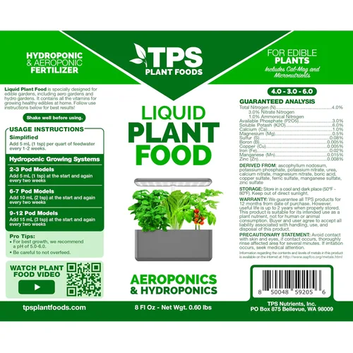 Vista 3 de Alimento líquido para plantas para uso en AeroGarden, iDOO y sistemas de cultivo hidropónico, fertilizante líquido 8 oz (250mL)