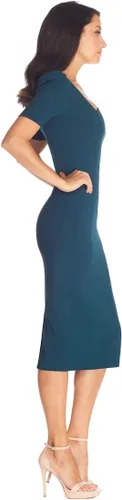 Vista 3 de Dress the Population Ruth - Vestido midi ajustado con cuello asimétrico y mangas cortas abombadas para mujer