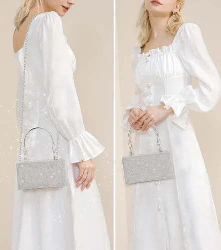 Vista 6 de Comeon Bolso de mano de noche con purpurina y diamantes de imitación brillantes para mujer, bolso plateado con cristales brillantes para baile