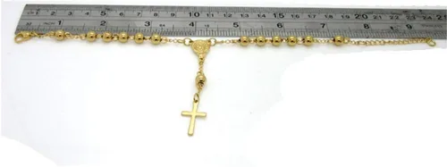 Vista 2 de Blowin Rosario de acero inoxidable pulsera de cruz de oración católica ajustable, oro