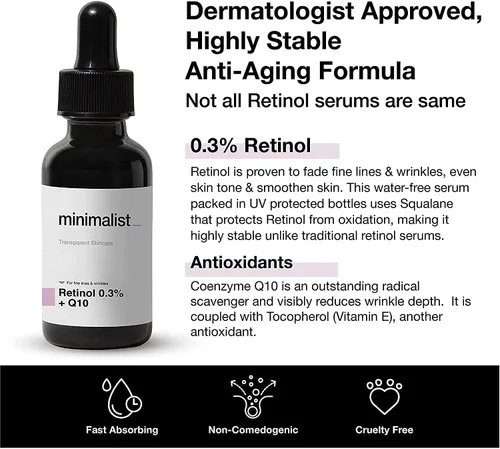 Vista 3 de A.K. Suero minimalista de retinol al 0.3% para la cara para antienvejecimiento Suero facial nocturno con retinol y Q10 para reducir líneas finas