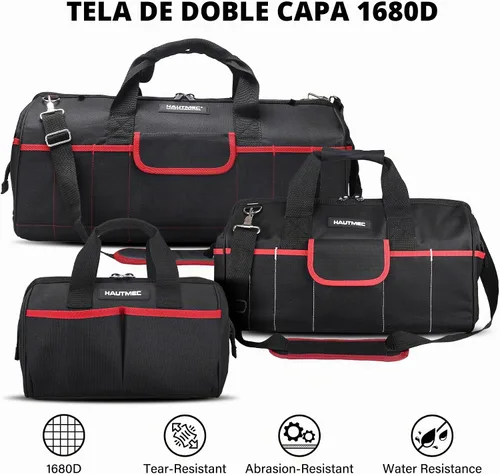 Vista 3 de HAUTMEC Juego de 3 Bolsas de Herramientas Grandes, Bolsas de Herramientas de Boca Ancha de Servicio Pesado con Tela 1680D Resistente a Desgarros