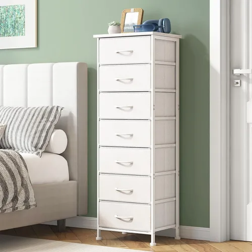 Vista 9 de Fixwal Cómoda negra alta y delgada para dormitorio, organizador de almacenamiento estrecho con 5 cajones de tela, muebles de mesita de noche