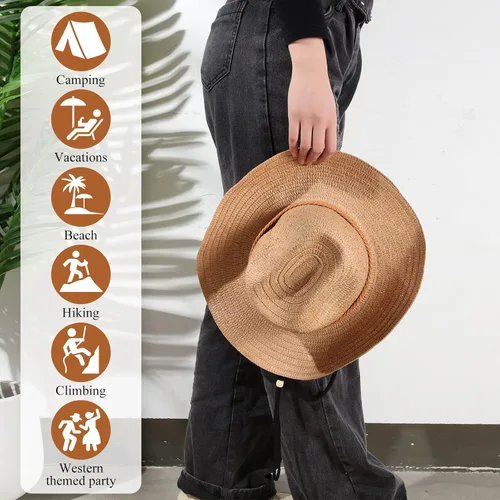Vista 4 de JaGely 12 sombreros de vaquero de paja para mujeres y hombres, sombrero de verano de ala ancha, protección solar a granel para fiestas temáticas