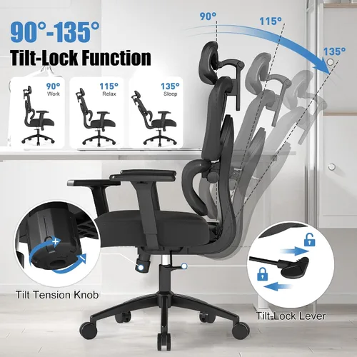 Vista 7 de Silla de oficina ergonómica con soporte lumbar ajustable, brazos y reposacabezas 3D, respaldo alto, silla de computadora de escritorio ancha