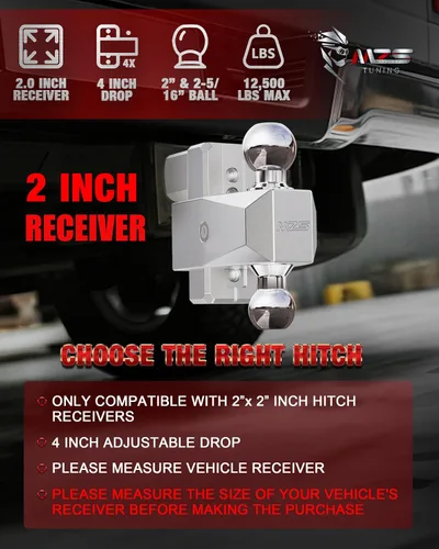 Vista 2 de MZS Enganche de Remolque de Aluminio Ajustable Mejorado - Se Adapta a Receptor de 2 Pulgadas - Enganche de Caída Resistente - Enganche de Remolque