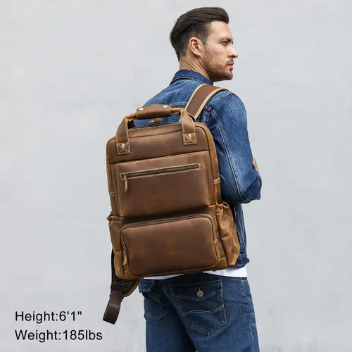 Vista 6 de TIDING - Mochila para portátil de cuero de grano completo de 15.6 pulgadas para hombre, mochila grande casual para viaje, estilo vintage, para fin