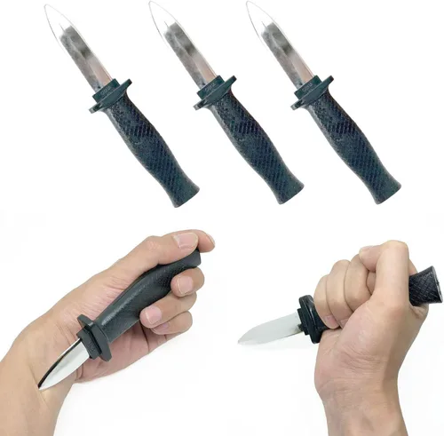 Vista 4 de Cooplay 4 piezas de cuchillo falso retráctil de juguete realista de plástico daga de astilla hoja de mango negro arma divertida para Halloween