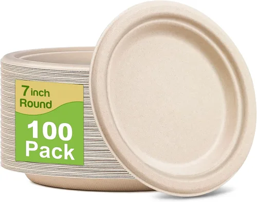 Vista 10 de Platos de papel pequeños, 7 pulgadas, paquete de 50 desechables, compostables, ecológicos, resistentes para comidas diarias, naturales