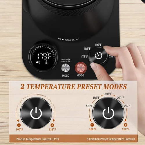 Vista 4 de Secura Hervidor eléctrico de cuello de cisne, 5 ajustes preestablecidos variables para café y té, tetera interior de acero 100% inoxidable con 1.5