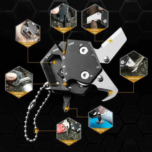 Vista 6 de Llavero multiherramienta de forma hexagonal, multiherramienta de bolsillo portátil con cortador plegable, juego de destornilladores, abrebotellas