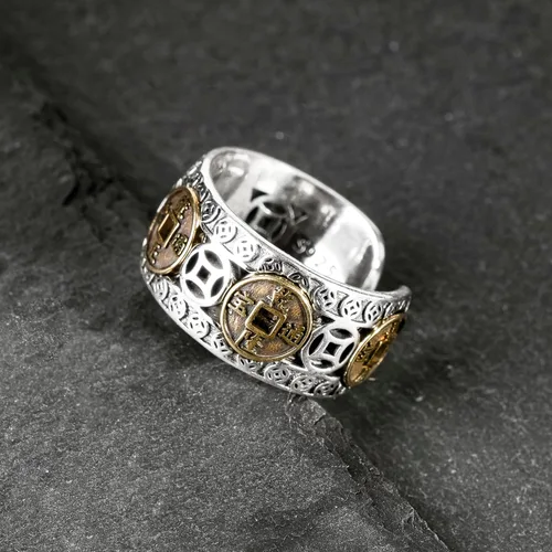 Vista 2 de Anillos de moneda de Feng Shui de plata de ley 925, anillo de dinero de la suerte para hombres y mujeres para atraer el éxito de la fortuna, Metal