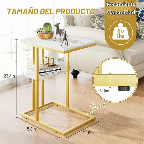 Vista 3 de Easy Paws - Mesa auxiliar en forma de C, mesa lateral pequeña para sofá y cama, mesa de aperitivos dorada para espacios pequeños, sala de estar