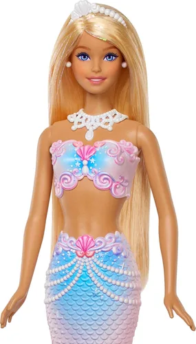 Vista 5 de Barbie Muñeca de sirena Bubble Sparkle con función y solución para hacer burbujas, bandeja y cepillo para el cabello, cabello rubio largo y rayado