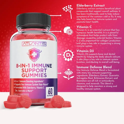 Vista 2 de Atlantis Nutrition Gomitas de apoyo inmunológico 8 en 1 con saúco Suplemento inmunológico con saúco, quercetina, zinc, vitamina C - Potenciadores