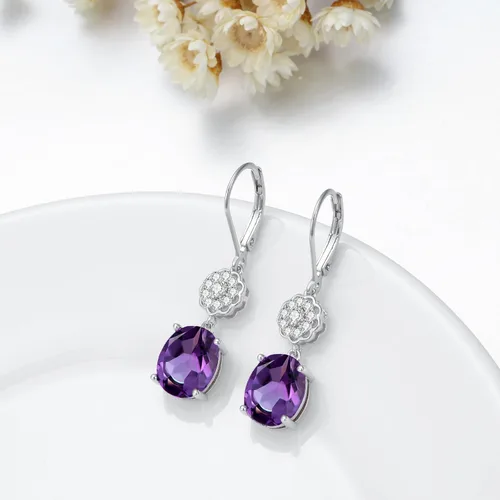 Vista 4 de Althum Aretes colgantes de amatista morada para mujer, plata de ley 925 de 0.394 in x 0.315 in, corte ovalado, amatista natural, aretes colgantes