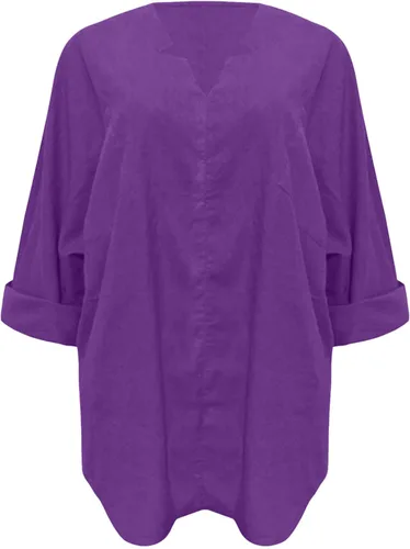 Vista 4 de Camisetas de manga larga de lino y algodón para mujer, de gran tamaño, cuello en V, holgadas, casuales, blusas de moda de otoño