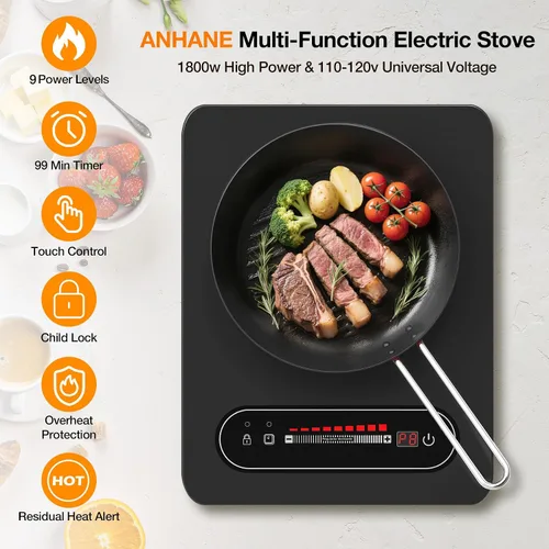 Vista 2 de ANHANE Estufa eléctrica de 1800 W, quemador individual portátil de 11 pulgadas con temporizador y bloqueo para niños, estufa compacta de encimera