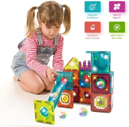 Vista 7 de Contixo Juguetes de construcción STEM – Juego de 65 piezas de azulejos magnéticos de mármol 3D para aprendizaje, apilables, juego de bloques