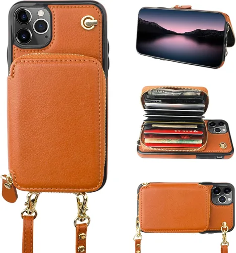 Vista 12 de Bocasal Funda tipo cartera cruzada para iPhone 11 Pro Max, funda de piel con bloqueo RFID y soporte para tarjetas, funda protectora con cremallera