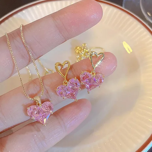 Vista 2 de Dcfywl731 Juego de aretes de San Valentín, collar de corazón rosa, aretes para mujer, juego de joyas de corazón con diamantes de imitación, regalo