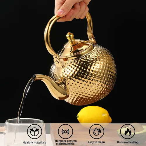 Vista 2 de Tetera para estufa, hervidor de té de acero inoxidable de grado alimenticio, tetera de metal de 2.1 cuartos de galón con colador para té fácil, Oro