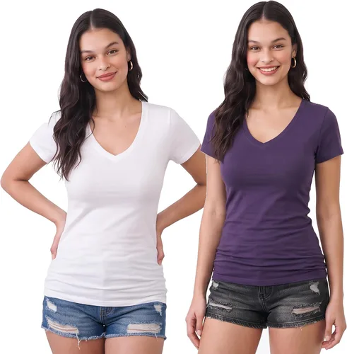 Vista 159 de Emmalise Camiseta de manga corta para mujer, cuello en V, tallas junior y plus