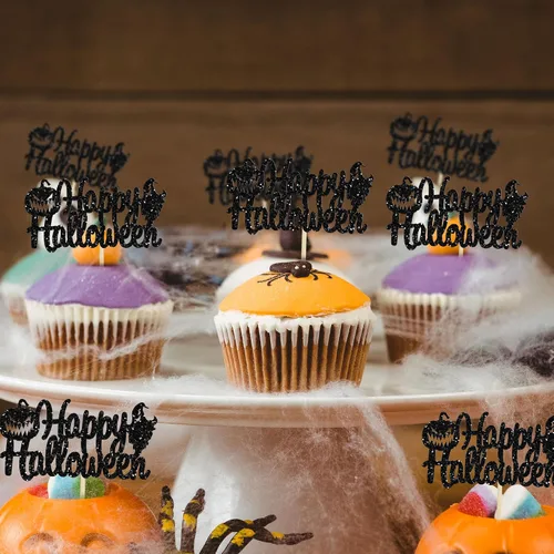 Vista 6 de Gyufise 24 adornos para cupcakes de Halloween con calabaza, fantasma, purpurina negra, decoraciones para cupcakes para niños, decoración de fiesta