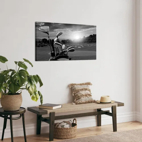 Vista 4 de LevvArts Lienzo de golf en blanco y negro para pared, campo de golf al atardecer, paisaje, pintura, impresión de golf, deportes, arte decorativo