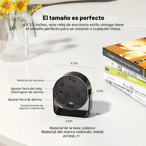 Vista 7 de AYRELY® Reloj despertador analógico pequeño de 3.5 pulgadas, funciona con pilas, bonito reloj de mesa con luz, ángulo ajustable para viajes, mesita