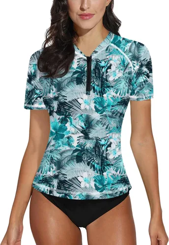 Vista 8 de BesserBay Camiseta de natación de manga corta con cremallera UPF 50+ para mujer, de secado rápido