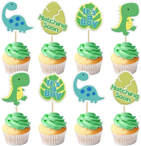 Vista 13 de Ercadio 40 piezas comestibles de dibujos animados de dinosaurios para cupcakes para bebida, decoración de tartas para temática de dinosaurios, baby