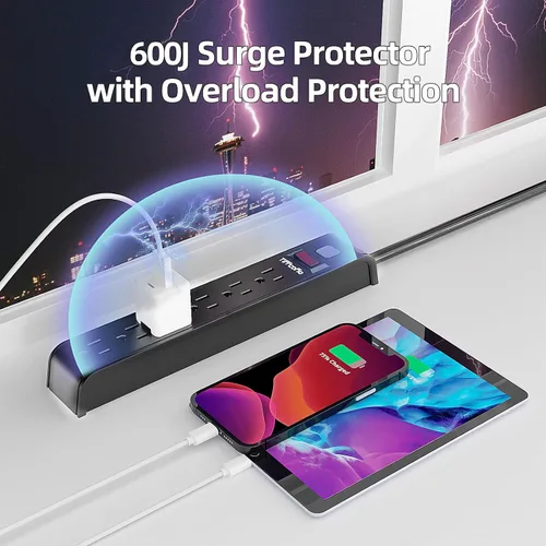 Vista 6 de Protector contra sobretensiones, cable de extensión de 4 pies, protección contra sobretensiones de 600 julios, protección múltiple de 6 tomas