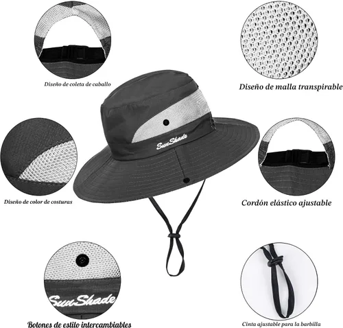 Vista 5 de Sombreros de mujer al aire libre con protección UV plegables de malla de ala ancha para playa y pesca con agujero para coleta Gris oscuro