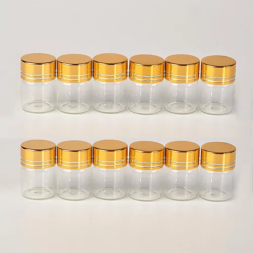 Vista 5 de 24 botellas de vidrio de 0.2 fl oz Tapa de aluminio Tapa dorada Vacío Transparente Transparente Contenedor de regalo Líquido Deseo Botellas Frascos