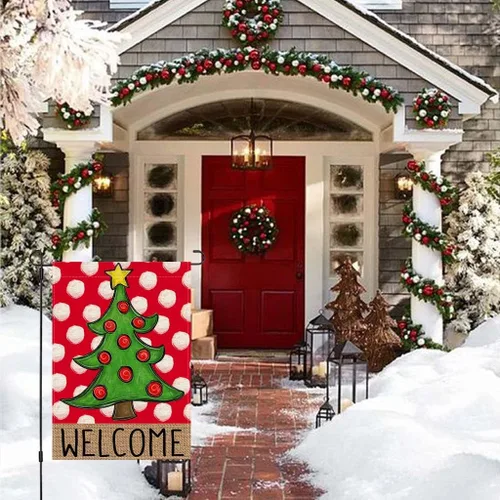 Vista 2 de PANDICORN Bandera de Jardín Feliz Navidad 12x18 Pulgadas Doble Cara, Bienvenida Árbol de Navidad Lunares Rojo Invierno Vacaciones Patio Arpillera