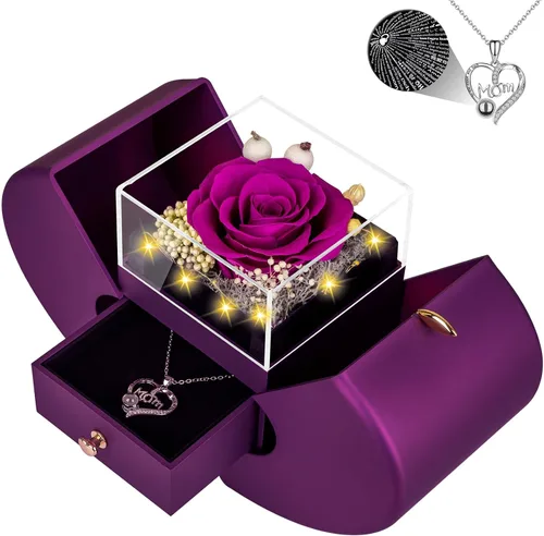 Vista 12 de Lebana Rosa real azul preservada con collar "I Love You", flores eternas, regalos de cumpleaños para mujeres, su madre, esposa, novia, abuela