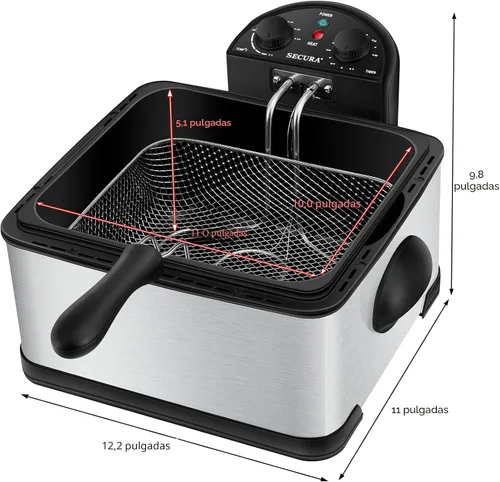 Vista 2 de Secura freidora eléctrica profunda con 3 cestas de acero inoxidable de 1700 vatios con temporizador, filtro de olor extra gratuito, 4.2 l/17 tazas