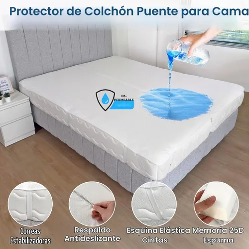 Vista 5 de Convertidor de puente de cama 2 en 1 de tamaño individual a King con protector de colchón impermeable y correas elásticas, relleno de espacio King