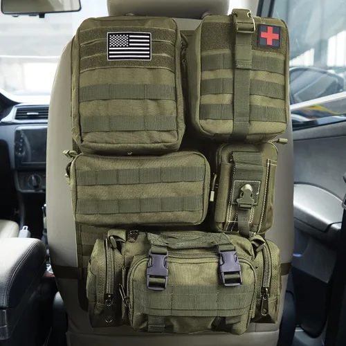 Vista 10 de Organizador táctico universal para respaldo de asiento, panel Molle para vehículo, bolsa de almacenamiento con 5 bolsas Molle desmontables