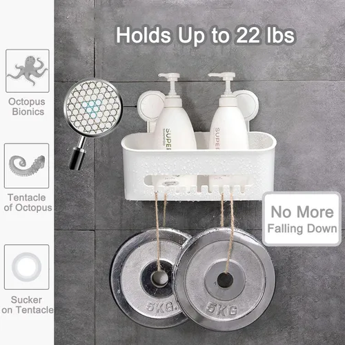 Vista 4 de Organizador de ducha con ventosa, organizador de ducha duradero, sin perforaciones, cesta de ducha extraíble para almacenamiento de baño, potente