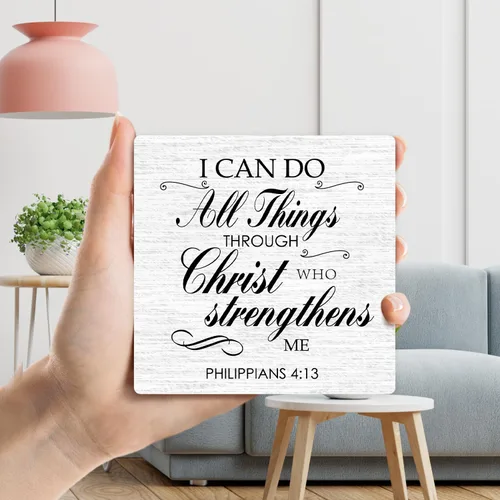 Vista 3 de Letrero cristiano con soporte de hierro, con texto en inglés "I Can Do All Things Through Christ", regalos de religión, versículo bíblico, regalos