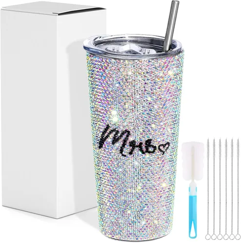 Vista 7 de Vesici Vaso de novia con diamantes brillantes de 20 onzas, taza de novia aislada con popote y tapa, regalos de boda para fiesta de compromiso