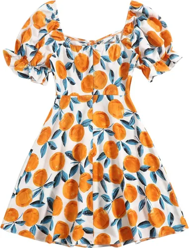 Vista 3 de Floerns Vestido Corto de Verano para Mujer con Cordón Cuello Corazón Manga Abombada Línea A