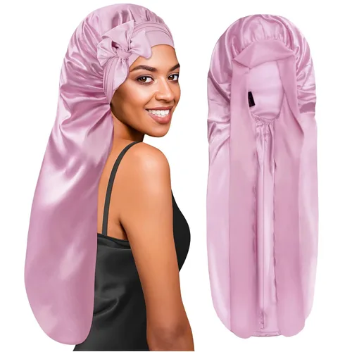 Vista 23 de BONNET QUEEN Gorro de Trenza de Seda Gorro Plegable Extra Largo para Trenzas con Banda de Atar, Capó de Satén Largo para Dormir, Verde Oscuro